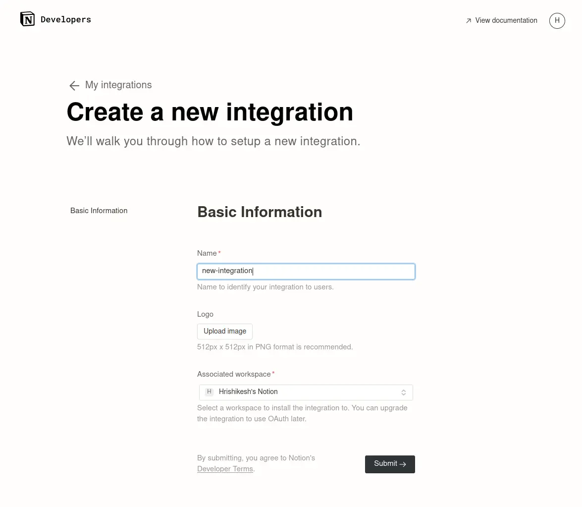 Creating new Notion integration